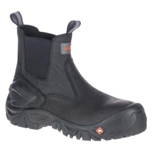 A 3/4 turned Merrell Work Men's Strongfield Leather Chelsea Composite Toe Pull-On Uniform Boot.