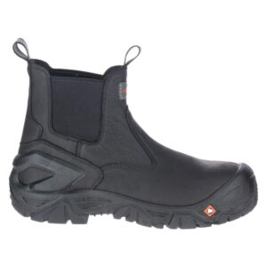 A right profile facing Merrell Work Men's Strongfield Leather Chelsea Composite Toe Pull-On Uniform Boot.