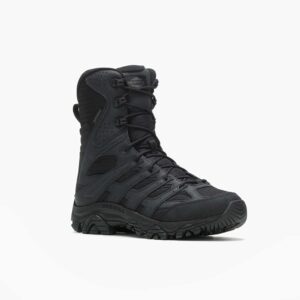 A 3/4 turned Merrell Work Men's Moab 3 Tactical Zip Waterproof 8" Lace Up Uniform Boot.