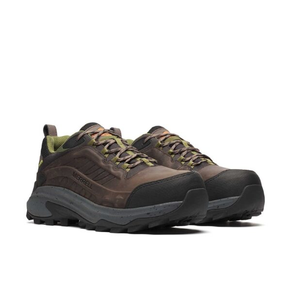 A 3/4 turned pair of Merrell Work Men's Moab Speed 2 Waterproof Carbon Toe Work Shoes.