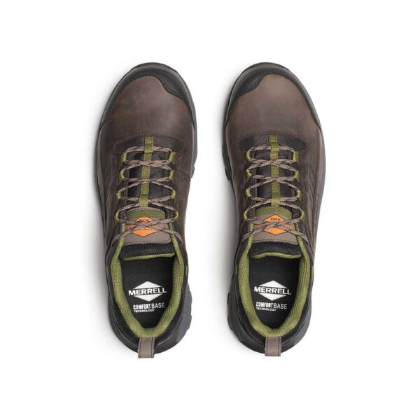 A bird's eye view of the top of a pair of Merrell Work Men's Moab Speed 2 Waterproof Carbon Toe Work Shoes.