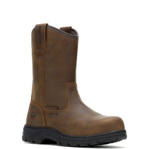 A 3/4 right turned Wolverine Men's Carlsbad Steel Toe Wellington Pull-On Work Boot.