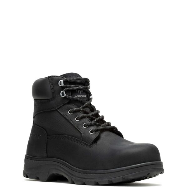A 3/4 right turned Wolverine Men's Carlsbad Waterproof 6" Steel Toe Lace Up Work Boot.
