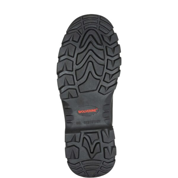 The sole of a Wolverine Men's Carlsbad Waterproof 6" Steel Toe Lace Up Work Boot.