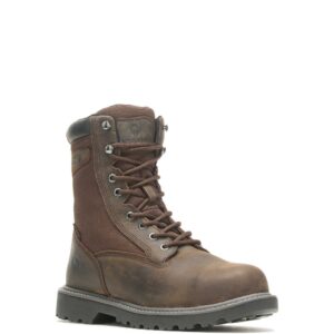 A 3/4 right turned Wolverine Men's Floorhand Insulated 8" Steel Toe Lace Up Work Boot.