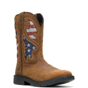 A 3/4 right turned Wolverine Men's Rancher Flag Steel Toe Pull-On Work Boot.