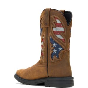 A look at the back and heel of a Wolverine Men's Rancher Flag Steel Toe Pull-On Work Boot.