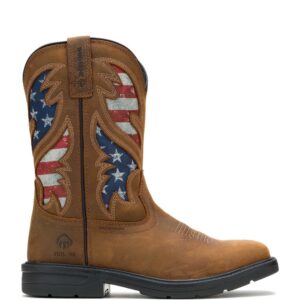A right profile facing Wolverine Men's Rancher Flag Steel Toe Pull-On Work Boot.