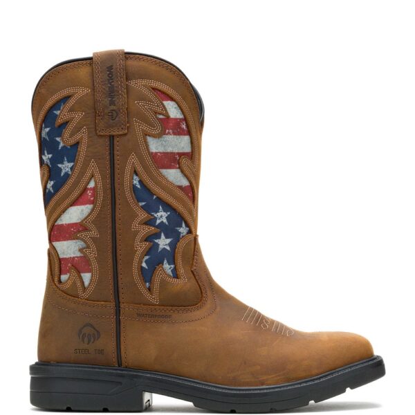 A right profile facing Wolverine Men's Rancher Flag Steel Toe Pull-On Work Boot.