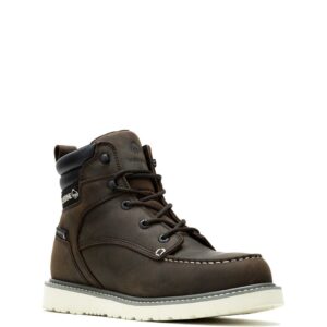A 3/4 right turned Wolverine Men's Trade Wedge 6" Moc Toe Lace Up Work Boot.