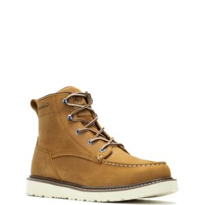 A 3/4 right turned Wolverine Men's Trade Wedge Unlined 6" Moc Toe Lace Up Work Boot.