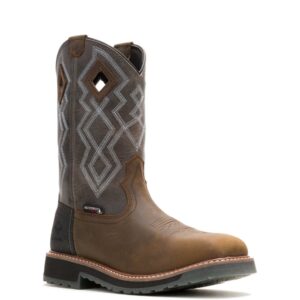 A 3/4 right turned Wolverine Men's Rancher Pro HyperRest Wellington Pull-On Work Boot.