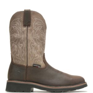 A right profile facing Wolverine Rancher Waterproof Steel Toe Wellington Pull-On Work Boot.